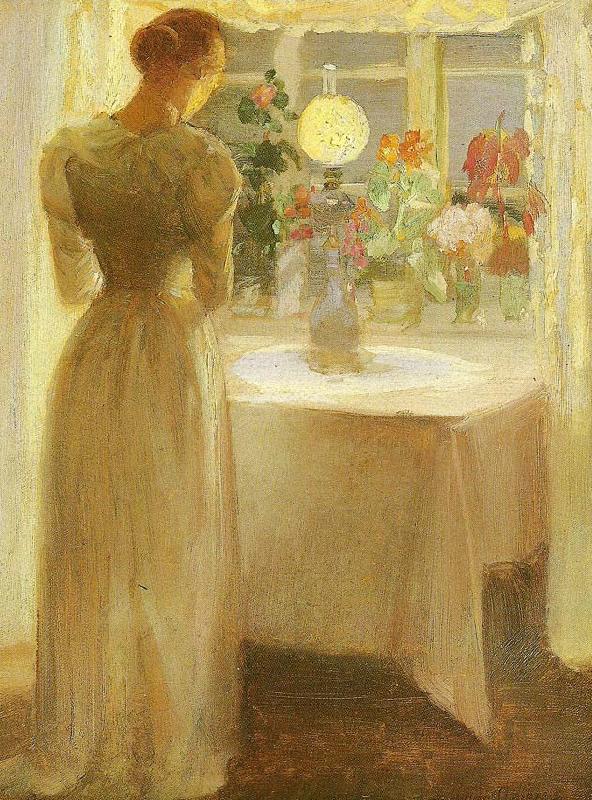 Anna Ancher ung pige foran en tandt lampe